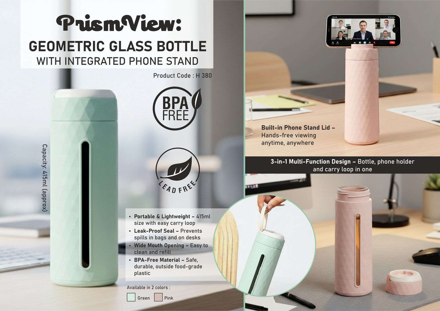 Geometric Glass Bottle with Phone Stand, 415ml Approx