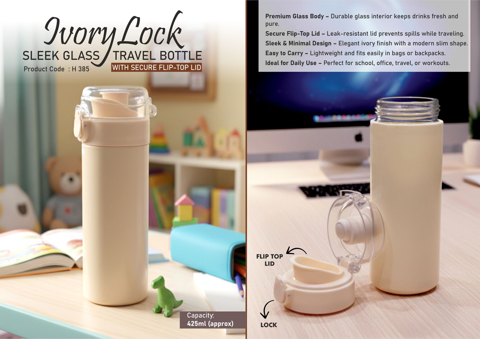 Sleek Glass Travel Bottle with Flip-Top Lid, 425ml Approx