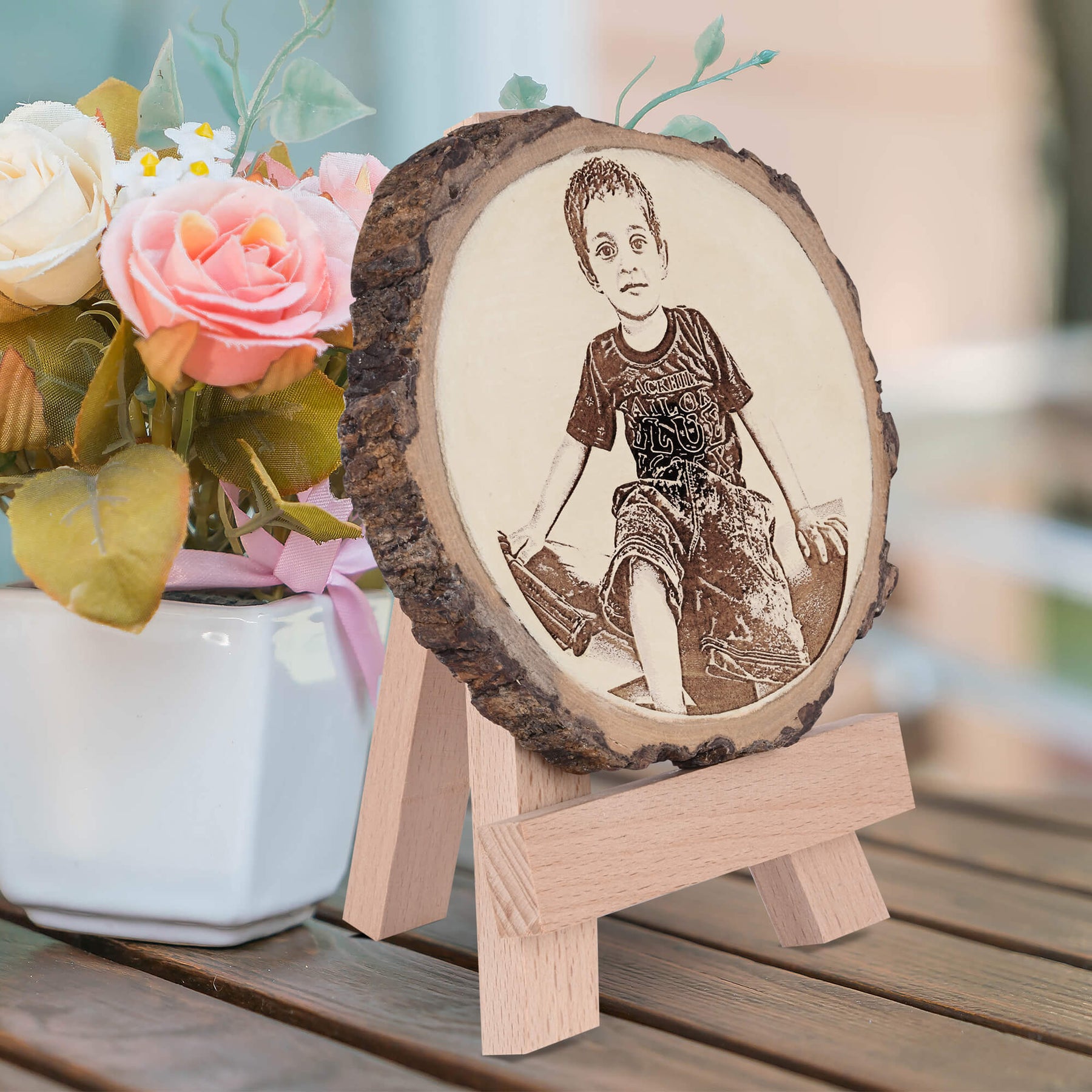 Personalized Engraved Wooden Slice Photo Frame With Wooden Stand-1