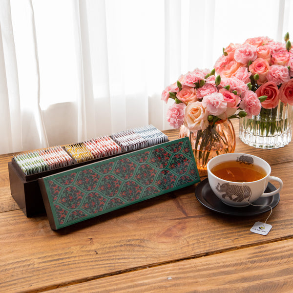 Assortment of Fine Teas- 60 Black & Green Teabags in Ornate Floral Art Wooden Box-1