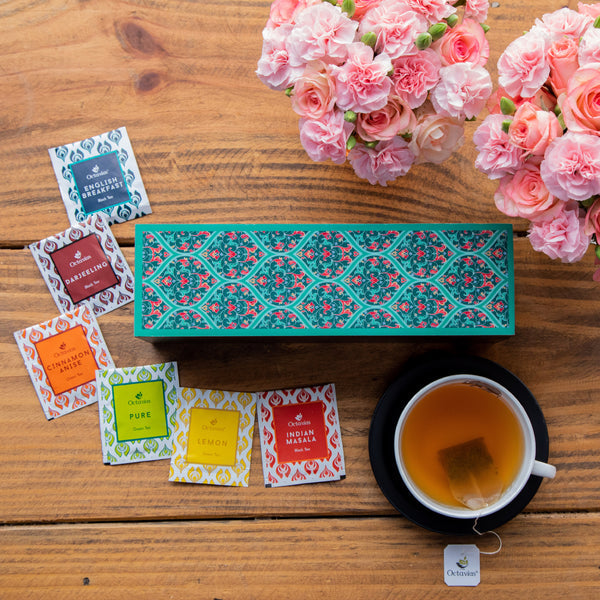 Assortment of Fine Teas- 60 Black & Green Teabags in Ornate Floral Art Wooden Box-2