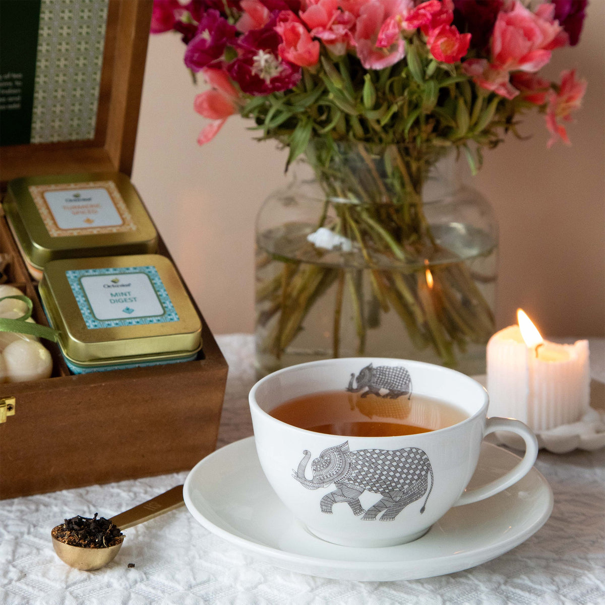 Ambrosial Tea Hamper (4 Wellness Teas, Organic Bubble candle & Infuser)-2