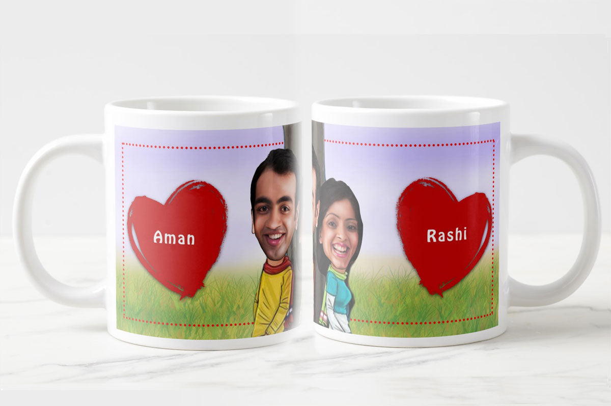 Personalized Couple Caricature With Couple Name In Heart Coffee Mug for Valentine's Day-1