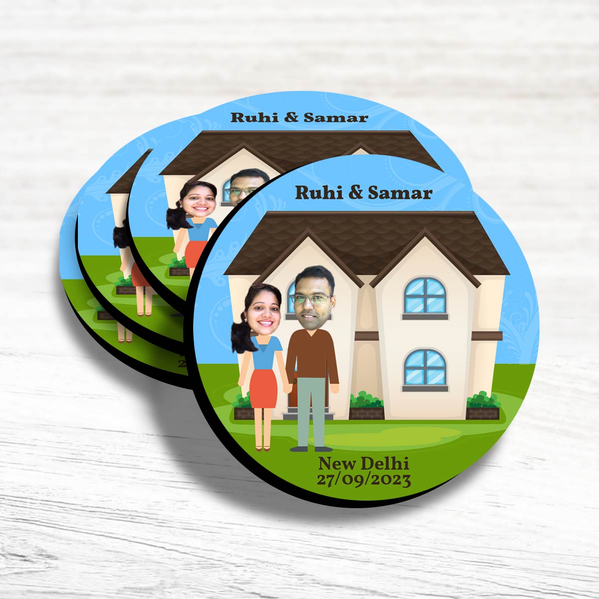 Set Of 4 - Personalised Cartoon Couple  Coasters