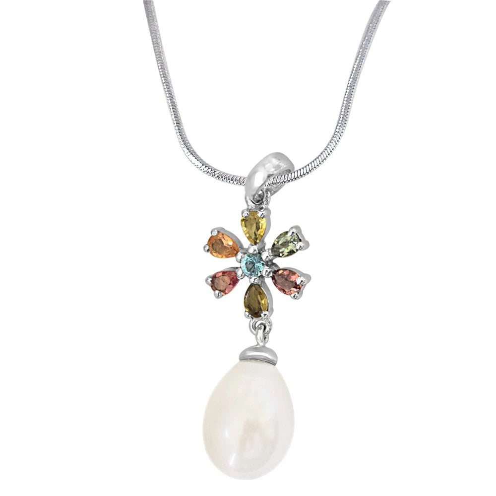 Real Pearl & Gemstone Silver Finish Pendant