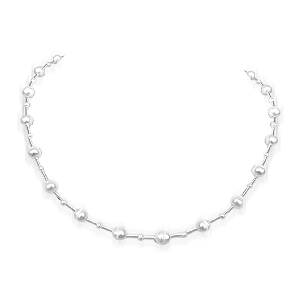 Opalescence Invisible Strings - Big & Small Freshwater Pearl & Silver Plated Pipe Necklace