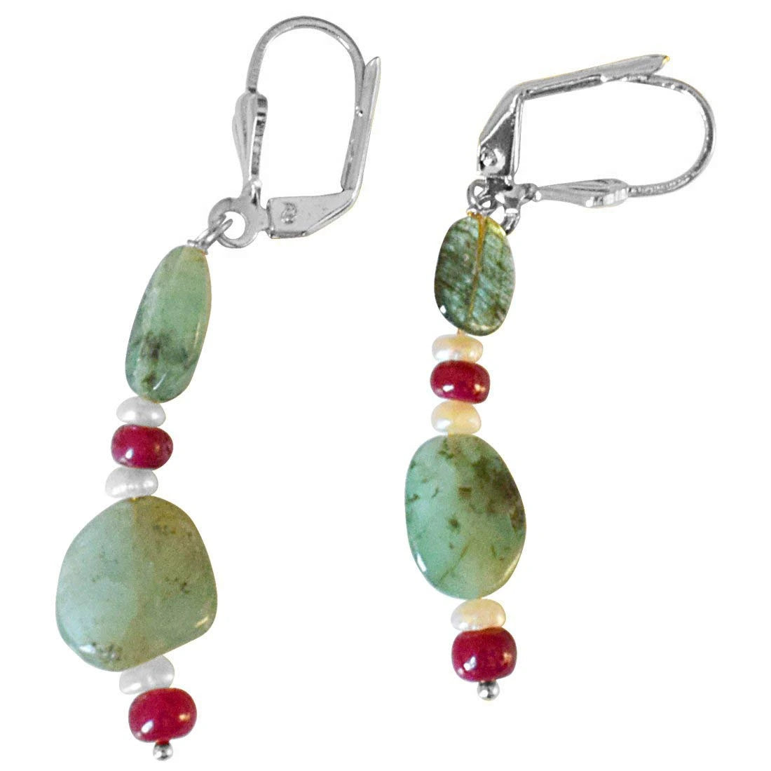 Real Oval Emerald, Ruby Beads and Freshwater Pearl Silver Plated Flower Shaped Hanging Earrings