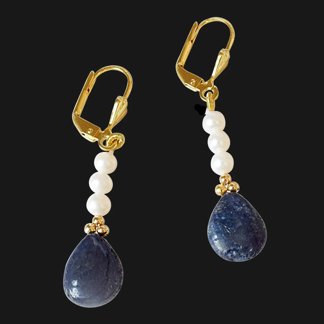 Real Drop Blue Sapphire, Freshwater Pearl and Gold Plated Flower Shaped Hanging Earrings for Women