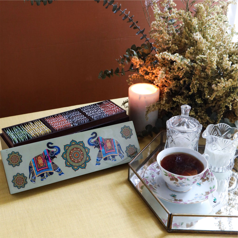 Assortment of Fine Teas- 60 Teabags in Elephant Print Wooden Box-1