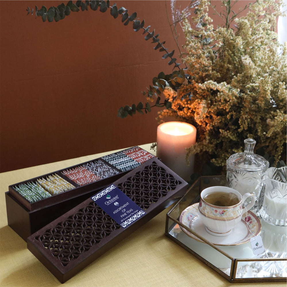 Assortment of Fine Teas- 60 Teabags in Cutwork Wooden Box