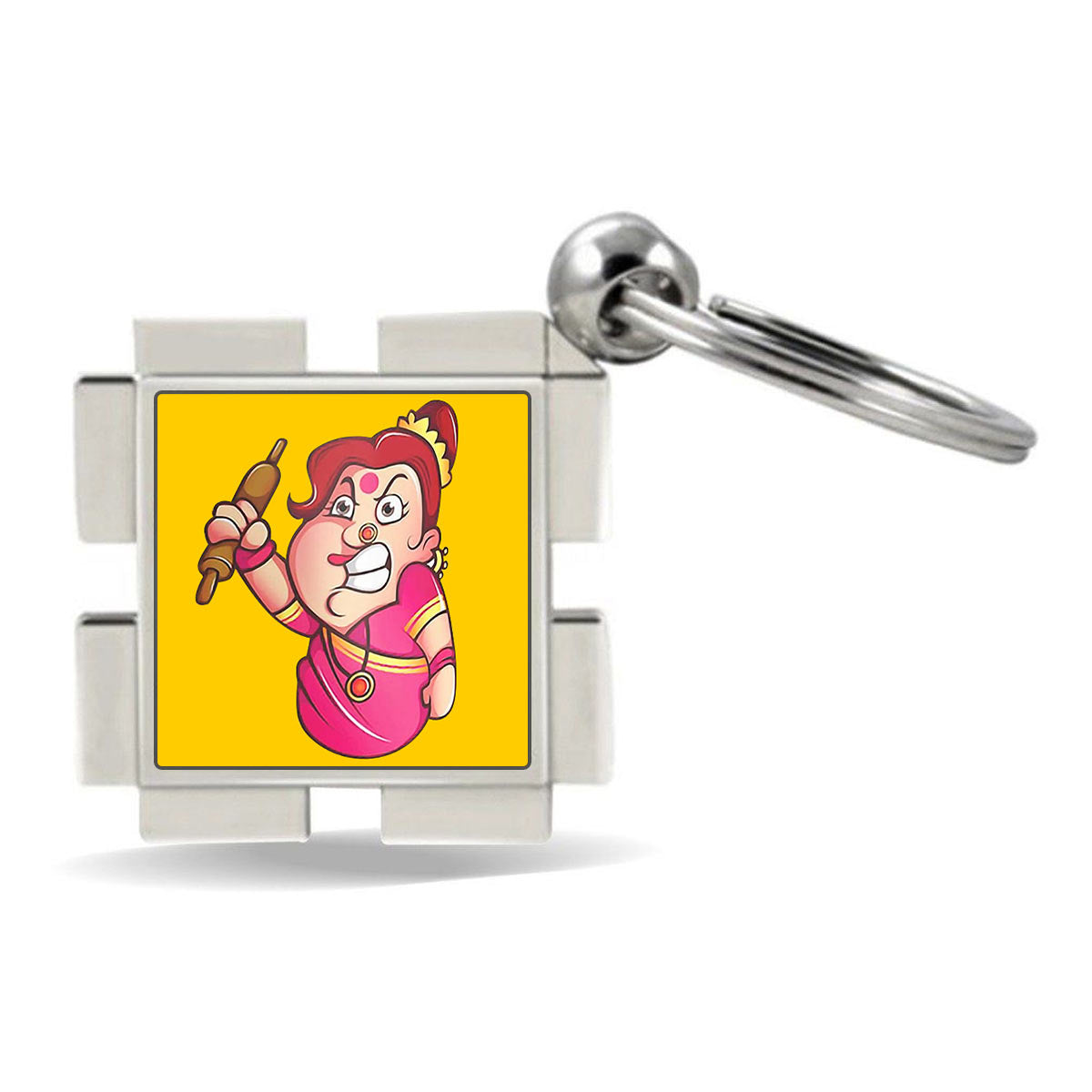 Angry Indian Mom Square Metal Keychain-2