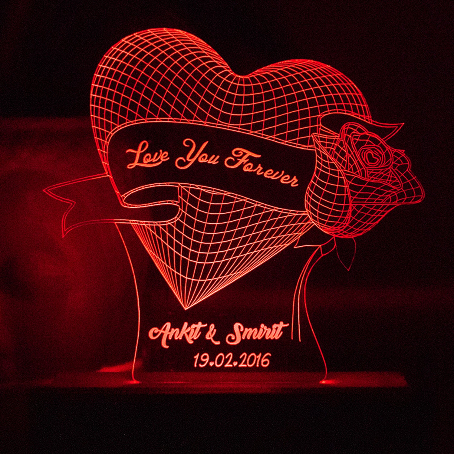 Personalised Heart Rose Night Lamp Red