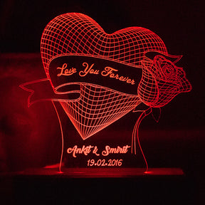 Personalised Heart Rose Night Lamp Red