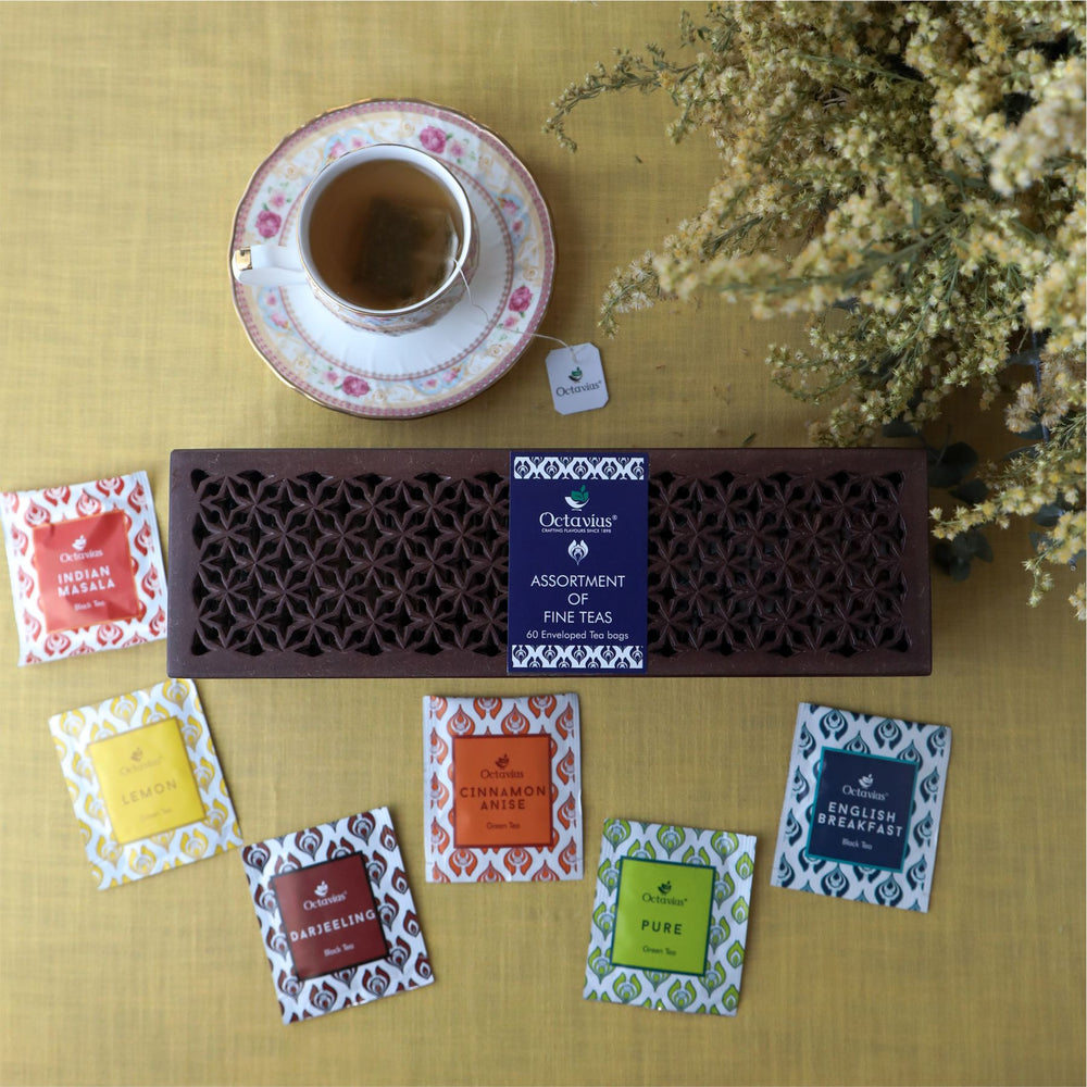 Assortment of Fine Teas- 60 Teabags in Cutwork Wooden Box