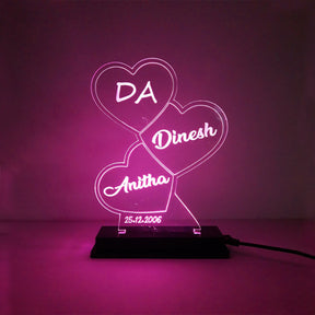Personalised Three Hearts 3D illusion LED lamp