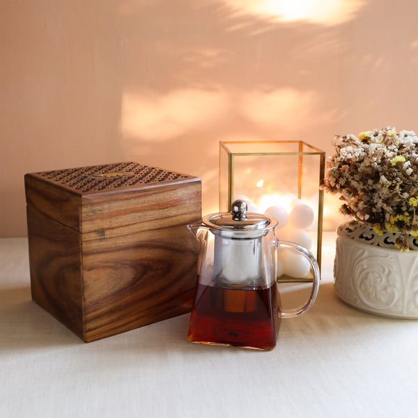 Pyramid Shape Borosilicate Glass Teapot in Sesham Wood Box - 500 ML