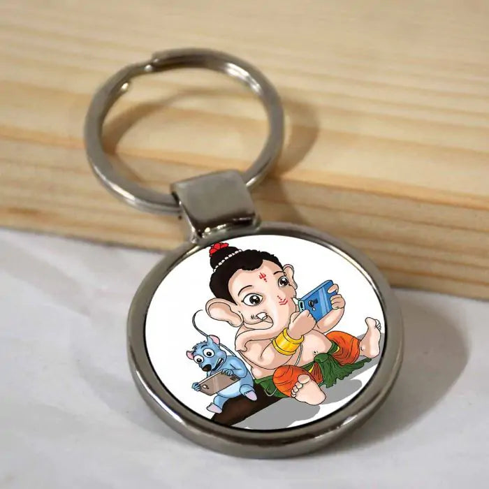 Digital Ganesha Round Metal Keychain