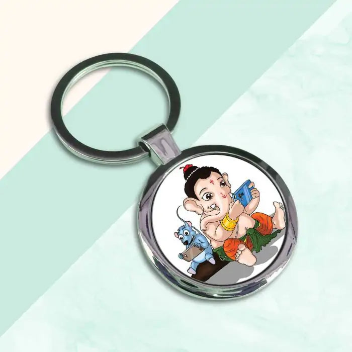 Digital Ganesha Round Metal Keychain