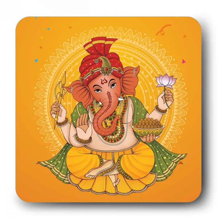 Ganesha Lotus Blessings Wooden Fridge Magnet 9 x 9 cm (3.5x3.5)