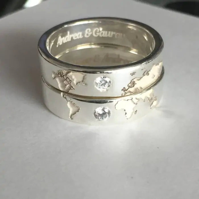 World Map Silver Rings with Diamond 10 c