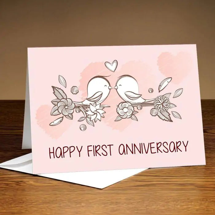 Personalised Cute Lovebirds First Anniversary Card