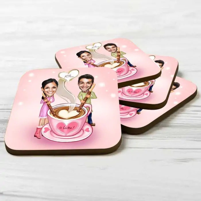 Personalised Love You Latte Caricature  Coasters - Set of 4