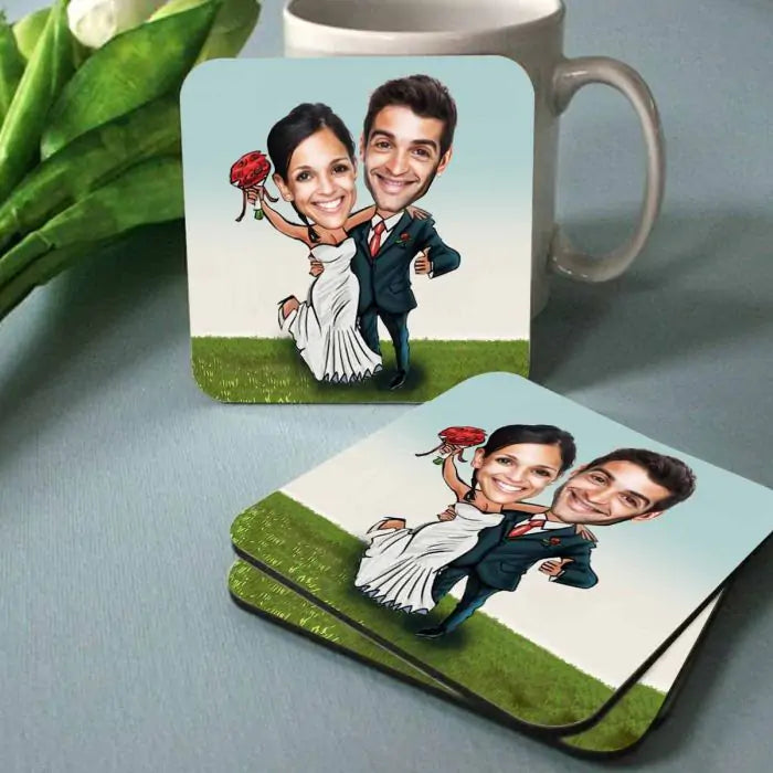 Personalised Happily Ever After Caricatutre  Coasters - Set of 4
