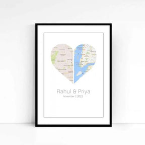 Personalised Two Halves 1 Heart Map Poster