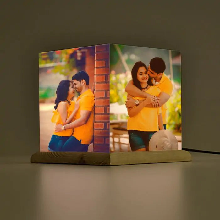 Personalised Cubelit Mini Photo Table Lamp With Wooden Base