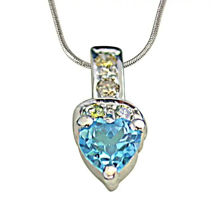 Surat Diamonds 4 Diamonds Set with Heart Shape Swiss Blue Topaz 925 Silver Pendant with 18 Chain