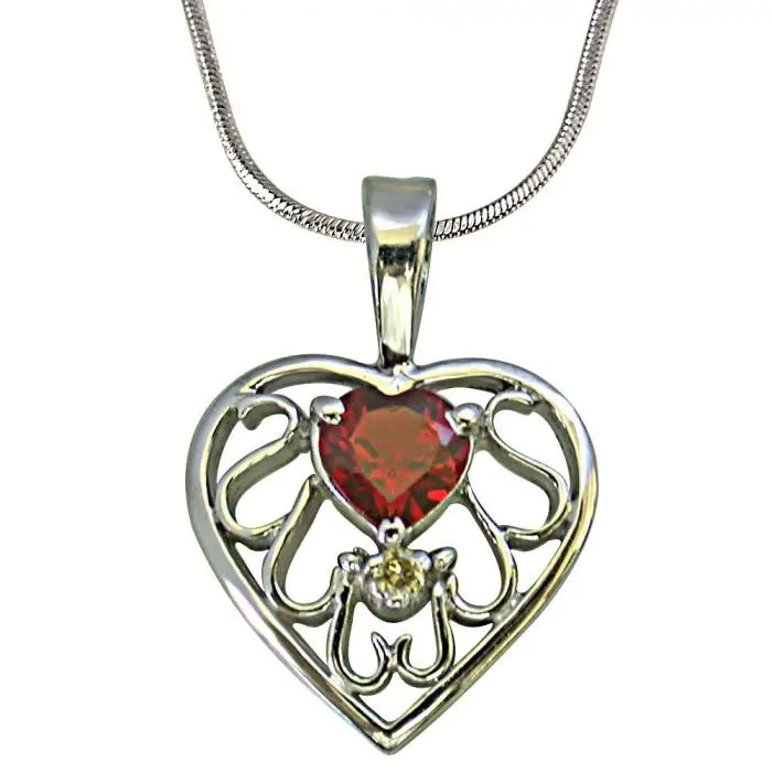 Surat Diamonds Diamond & Heart Garnet set in Heart n Heart 925 Silver Pendant with 18 Chain
