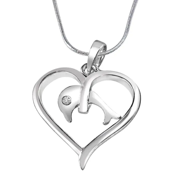 Surat Diamonds Dolphin in my Heart Real Diamond & Sterling Silver Pendant with 18 Chain