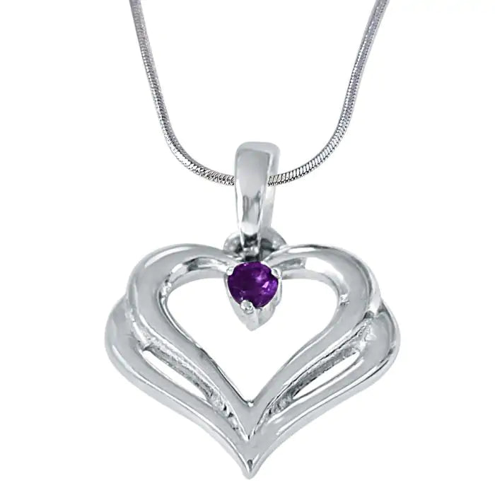 Surat Diamonds Two Heart's Become One Amethyst & 925 Sterling Silver Pendant with 18 Silver Finished Chain