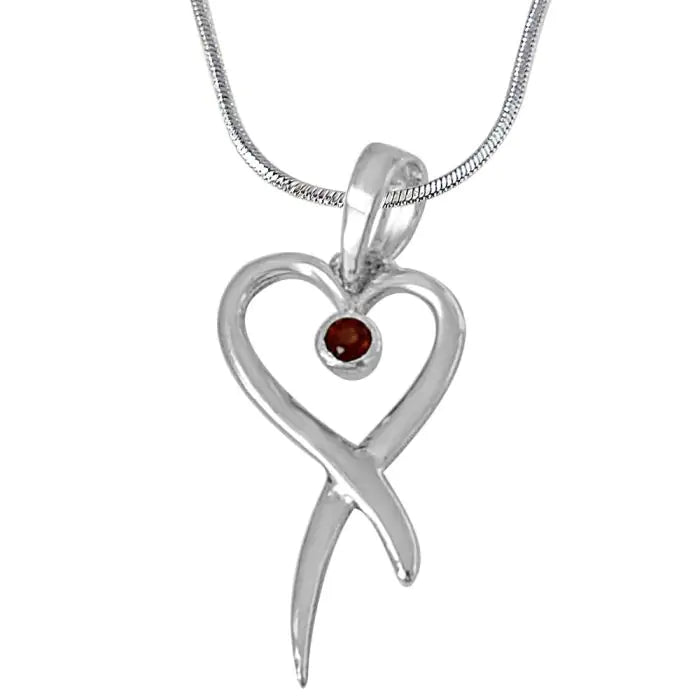 Surat Diamonds Trendy Heart Shaped Red Garnet and 925 Sterling Silver Pendant with 18 IN Silver Finished Chain