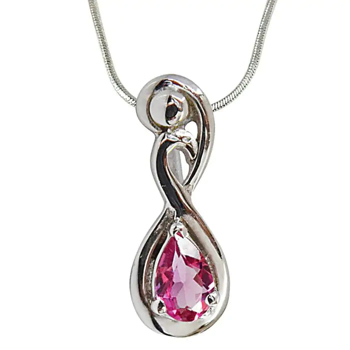 Surat Diamonds Trendy Curved Pear Pink Tourmaline & 925 Sterling Silver Pendant with 18 IN Silver Finished Chain SDP491