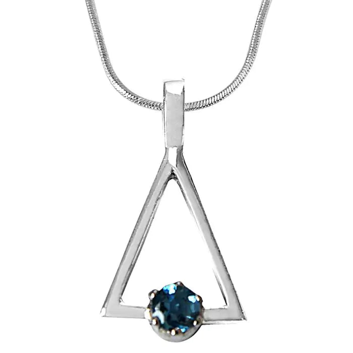 Surat Diamonds Round Blue Topaz in 925 Sterling Silver Triangle Pendant set for girls with 18 IN Silver Finished Chain SDP505