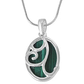 Surat Diamonds Trendy Dark Green Oval Shaded Malachite & Silver Pendant with 18 Silver Finished chain
