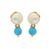 Surat Diamonds Blue Turquoise Beads and Button Pearl Stud Earrings for Women SE146