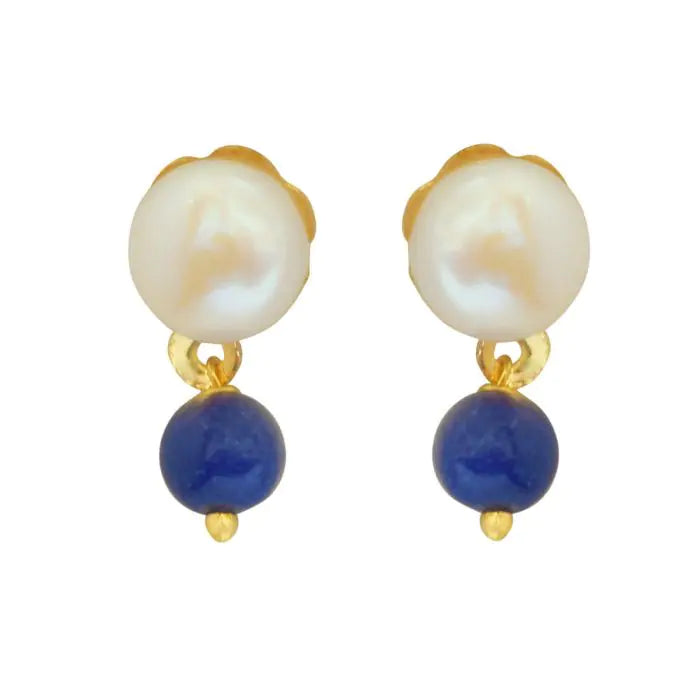 Surat Diamonds Blue Lapiz Beads and Button Pearl Stud Earrings for Women