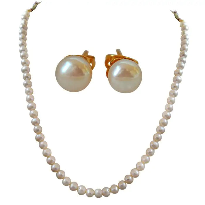 Surat Diamonds Real Round Natural White Pearl Single Line Necklace & Earring Jewellery Set