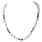 Surat Diamonds Single Line Green Onyx, Big Elongated Pearl and Gold Plated Ball Necklace for Women
