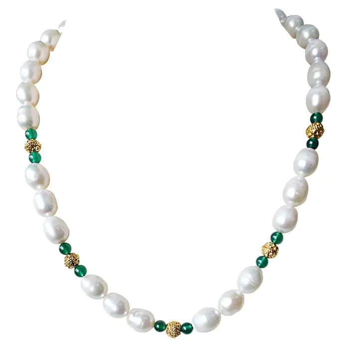 Surat Diamonds Single Line Green Onyx, Big Elongated Pearl and Gold Plated Ball Necklace for Women