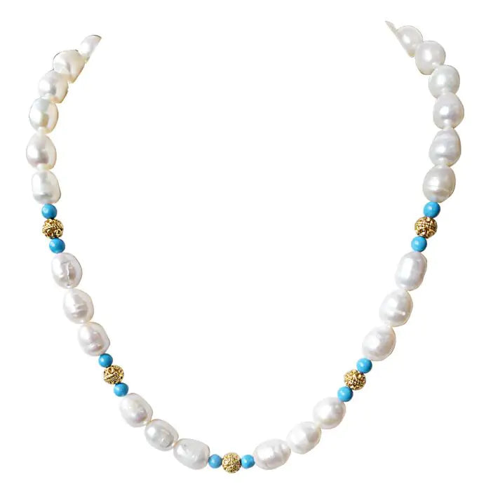 Surat Diamonds Single Line Turquoise, Big Elongated Pearl and Gold Plated Ball Necklace for Women