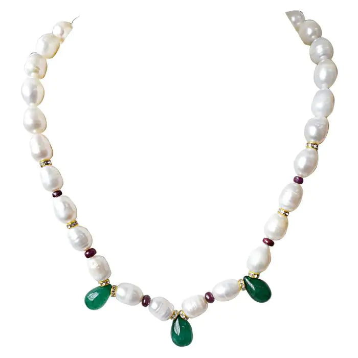Surat Diamonds Single Line Drop Green Onyx, Red Ruby Beads, Stone Ring and Big Elongated Pearl Necklace for Women