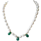Surat Diamonds Single Line Drop Green Onyx, Stone Ring and Big Elongated Pearl Necklace for Women