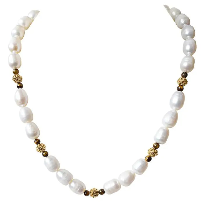 Surat Diamonds Single Line Tiger Eye, Big Elongated Pearl and Gold Plated Ball Necklace for Women