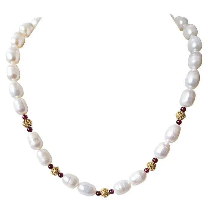 Surat Diamonds Single Line Red Garnet, Big Elongated Pearl and Gold Plated Ball Necklace for Women