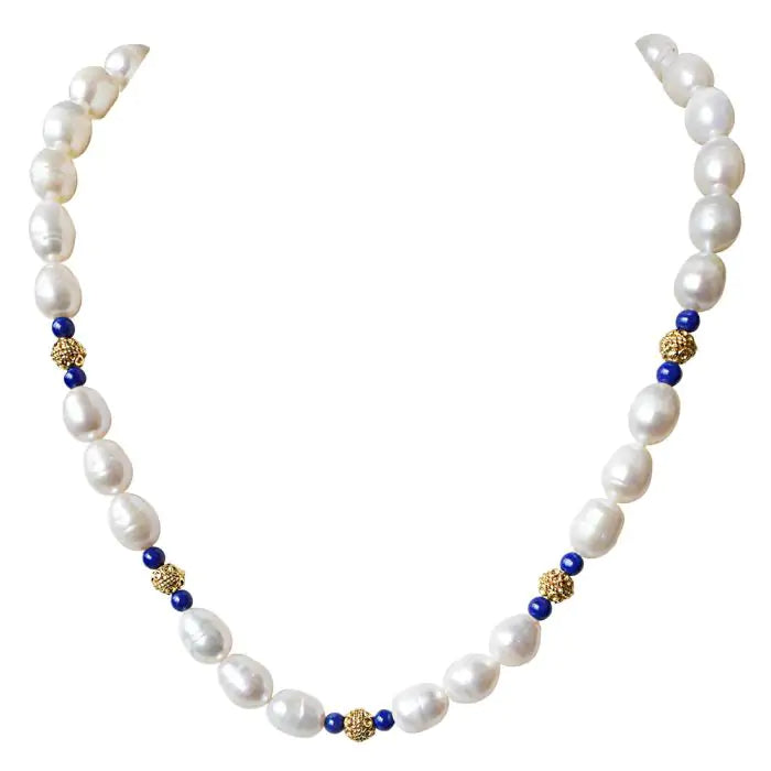 Surat Diamonds Single Line Blue Lapiz, Big Elongated Pearl and Gold Plated Ball Necklace for Women