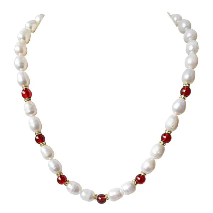 Surat Diamonds Single Line Big Elongated Pearl and Red Stone Necklace for Women